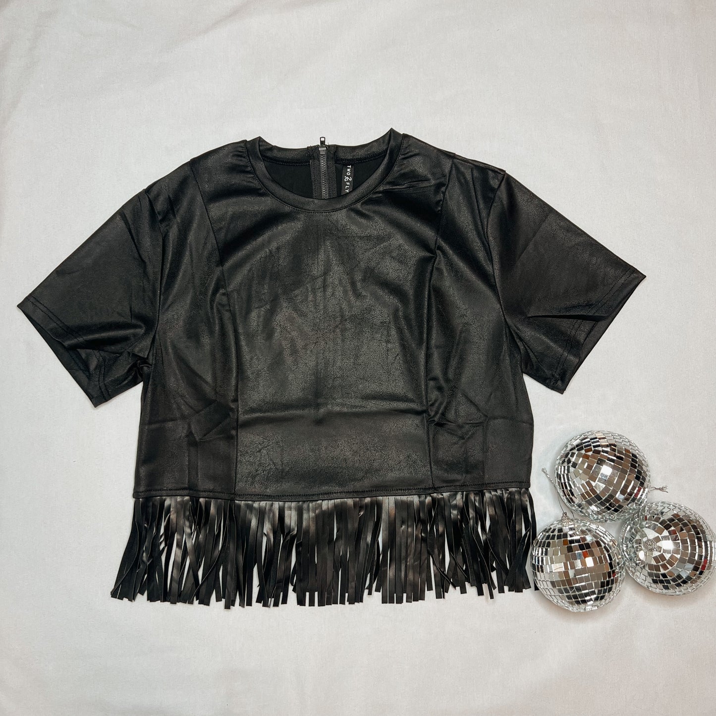 Black Fringe Faux Leather Top