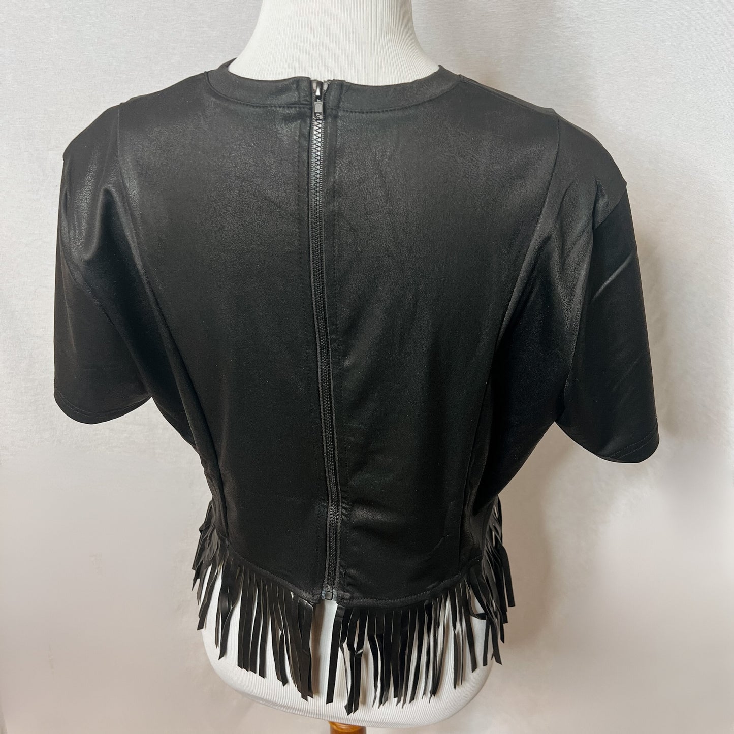 Black Fringe Faux Leather Top